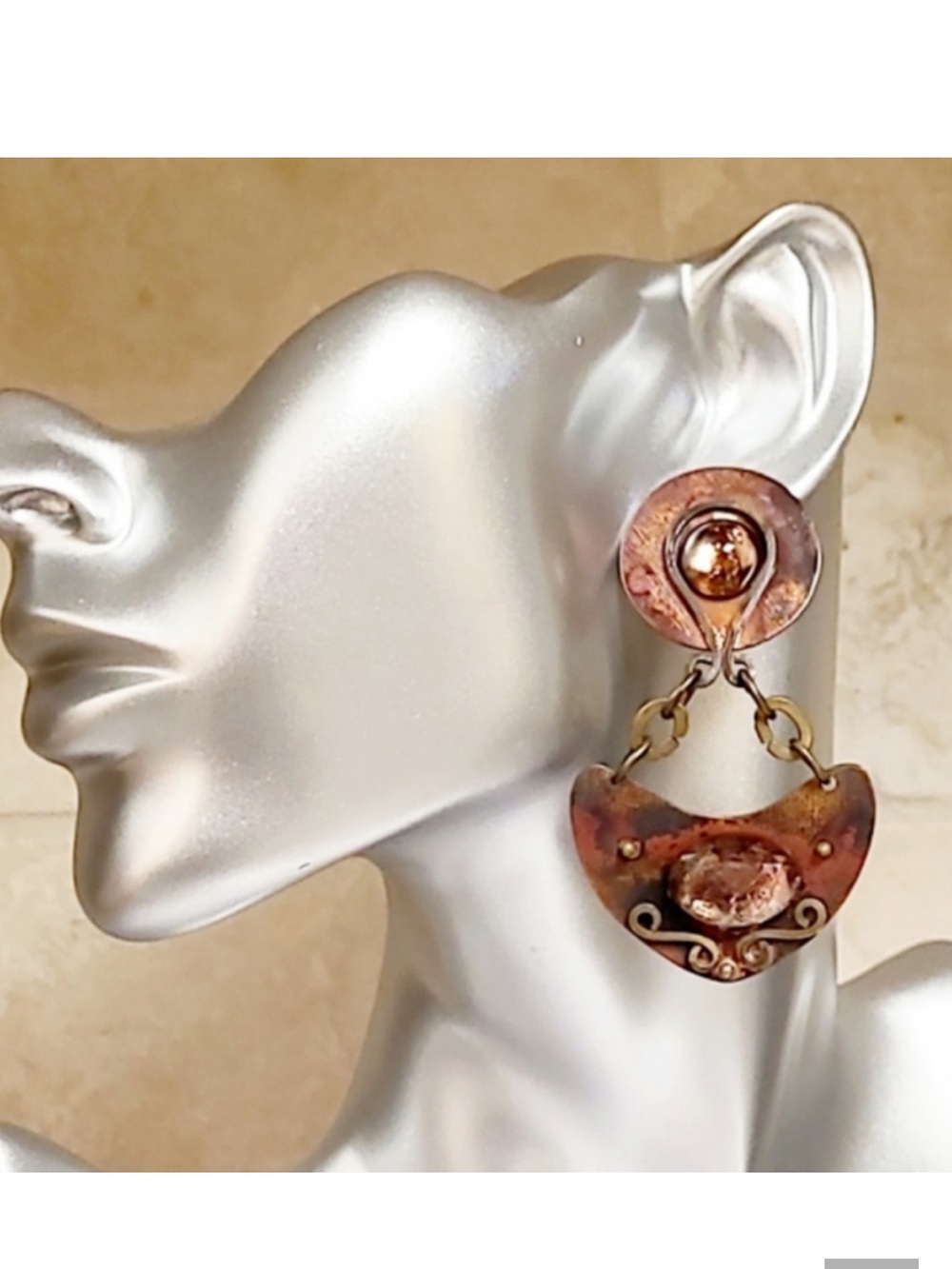 Vintage artisan Handcrafted Copper Drop Earrings - Rustic Brown & Gold Tones